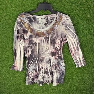 Style & Co Womens L Floral Print 3/4 Sleeve Top Sequins Embellished Neckline Y2k